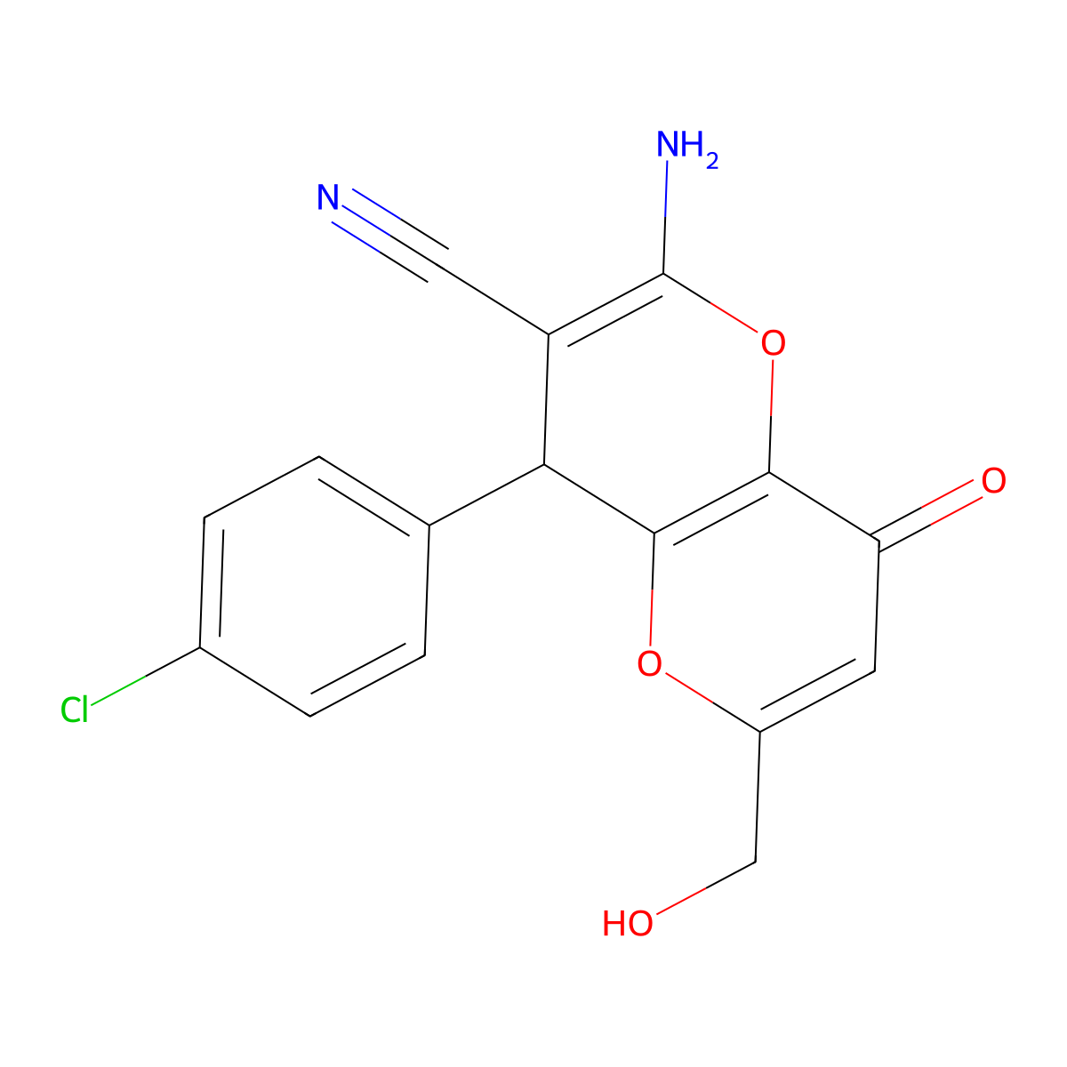 2-Amino-4-(4-chlorophenyl)-6-(hydroxymethyl)-8-oxo-4,8-dihydropyrano[3,2-b]pyran-3-carbonitrile molecular structure, CAS 194282-57-0