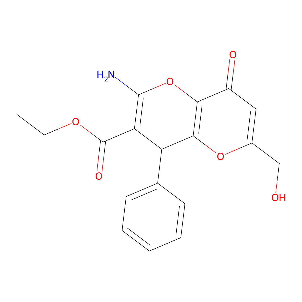 Ethyl 2-amino-6-(hydroxymethyl)-8-oxo-4-phenyl-4,8-dihydropyrano[3,2-b]pyran-3-carboxylate molecular structure, CAS 194282-60-5