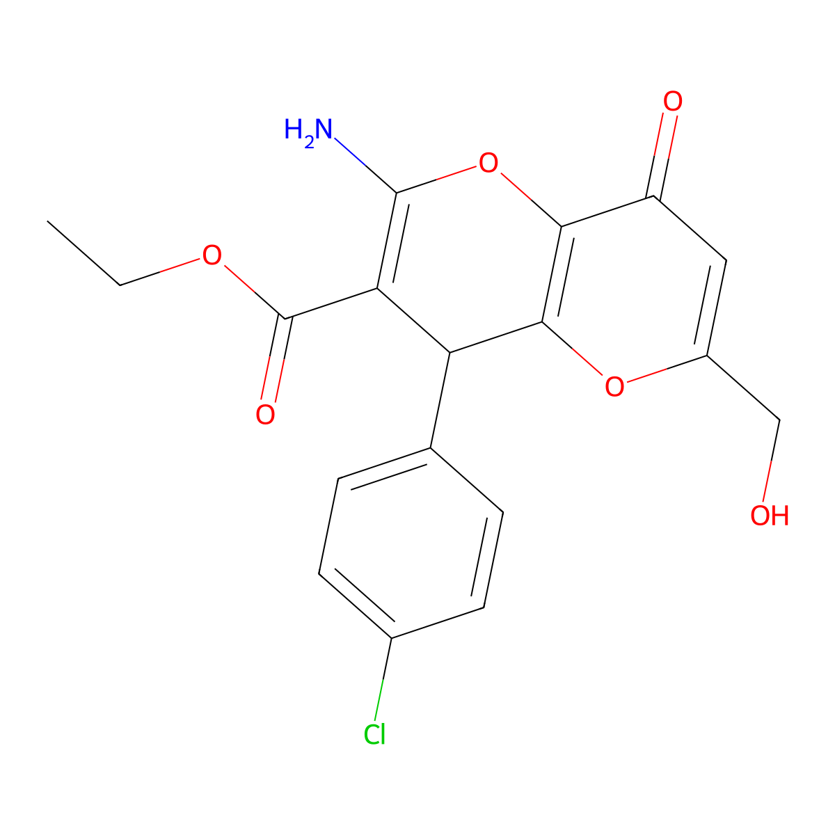 Ethyl 2-amino-4-(4-chlorophenyl)-6-(hydroxymethyl)-8-oxo-4,8-dihydropyrano[3,2-b]pyran-3-carboxylate molecular structure, CAS 194282-66-1
