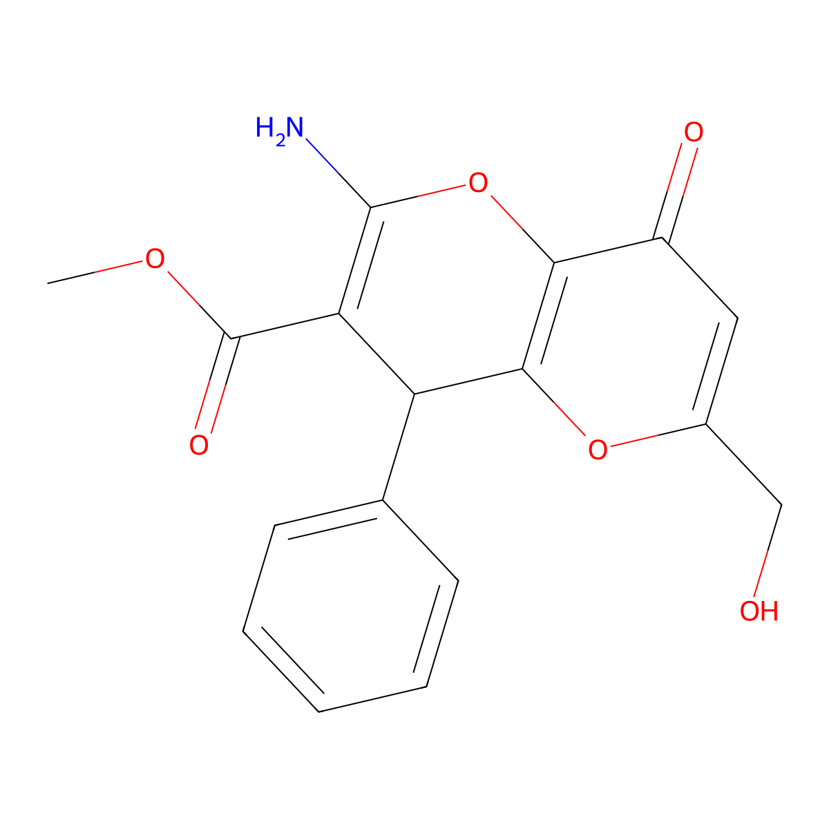 Methyl 2-amino-6-(hydroxymethyl)-8-oxo-4-phenyl-4,8-dihydropyrano[3,2-b]pyran-3-carboxylate molecular structure, CAS 194282-70-7