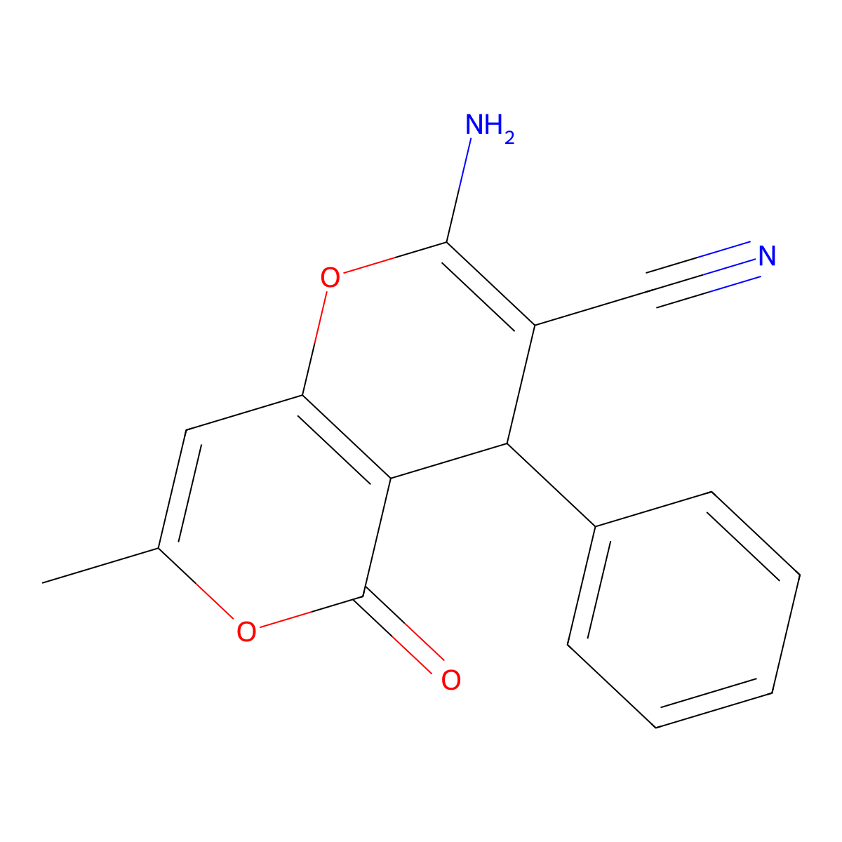 2-Amino-7-methyl-5-oxo-4-phenyl-4H,5H-pyrano[4,3-b]pyran-3-carbonitrile molecular structure, CAS 194282-72-9