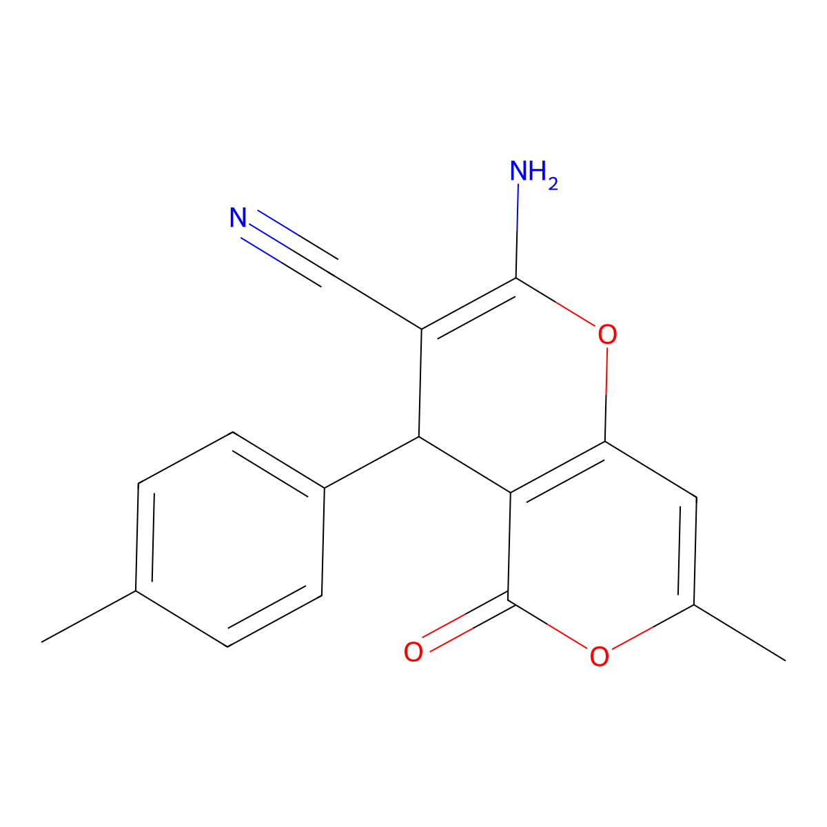 4H,5H-Pyrano[4,3-b]pyran-3-carbonitrile, 2-amino-7-methyl-4-(4-methylphenyl)-5-oxo- molecular structure, CAS 194282-74-1