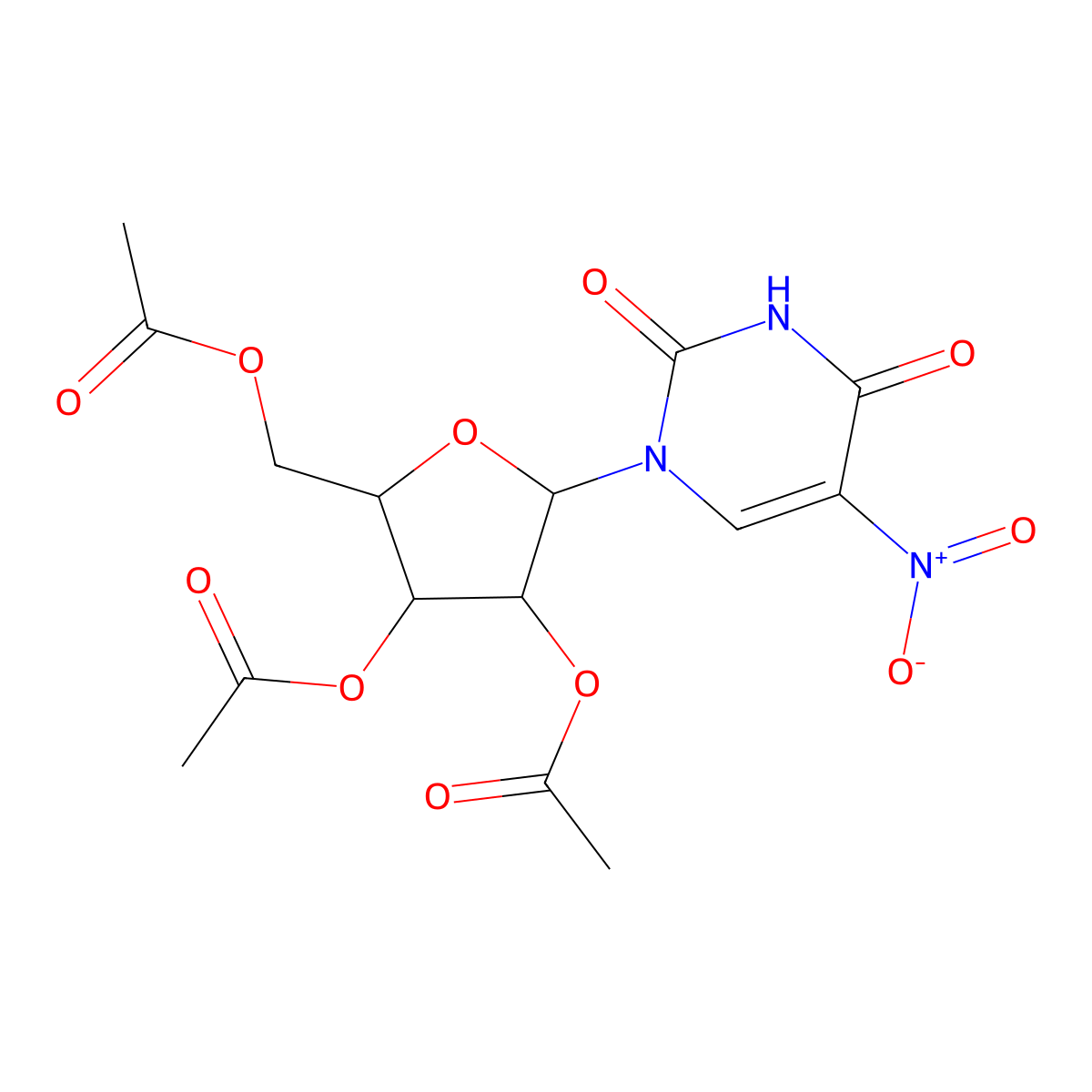 (2R,3R,4R,5R)-2-(Acetoxymethyl)-5-(5-nitro-2,4-dioxo-3,4-dihydropyrimidin-1(2H)-yl)tetrahydrofuran-3,4-diyl diacetate molecular structure, CAS 194474-73-2