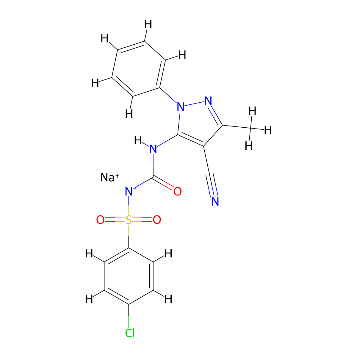 4-Chloro-N-(((4-cyano-3-methyl-1-phenyl-1H-pyrazol-5-yl)amino)carbonyl)benzenesulfonamide sodium salt hydrate molecular structure, CAS 194542-56-8