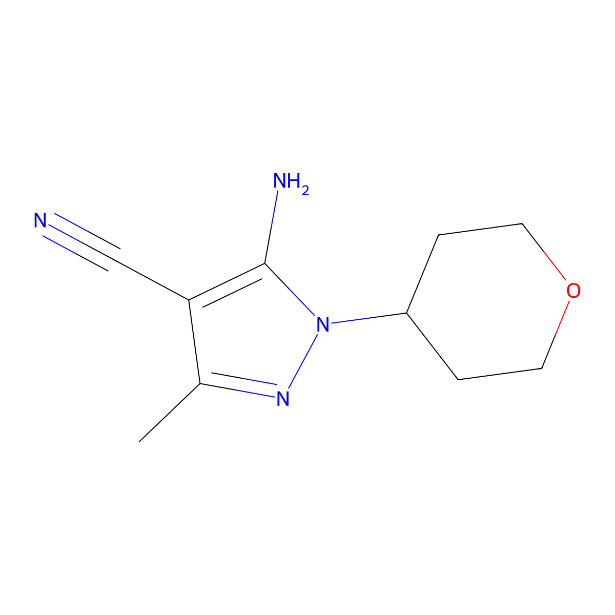 5-amino-3-methyl-1-(tetrahydro-2H-pyran-4-yl)-1H-pyrazole-4-carbonitrile molecular structure, CAS 194543-21-0