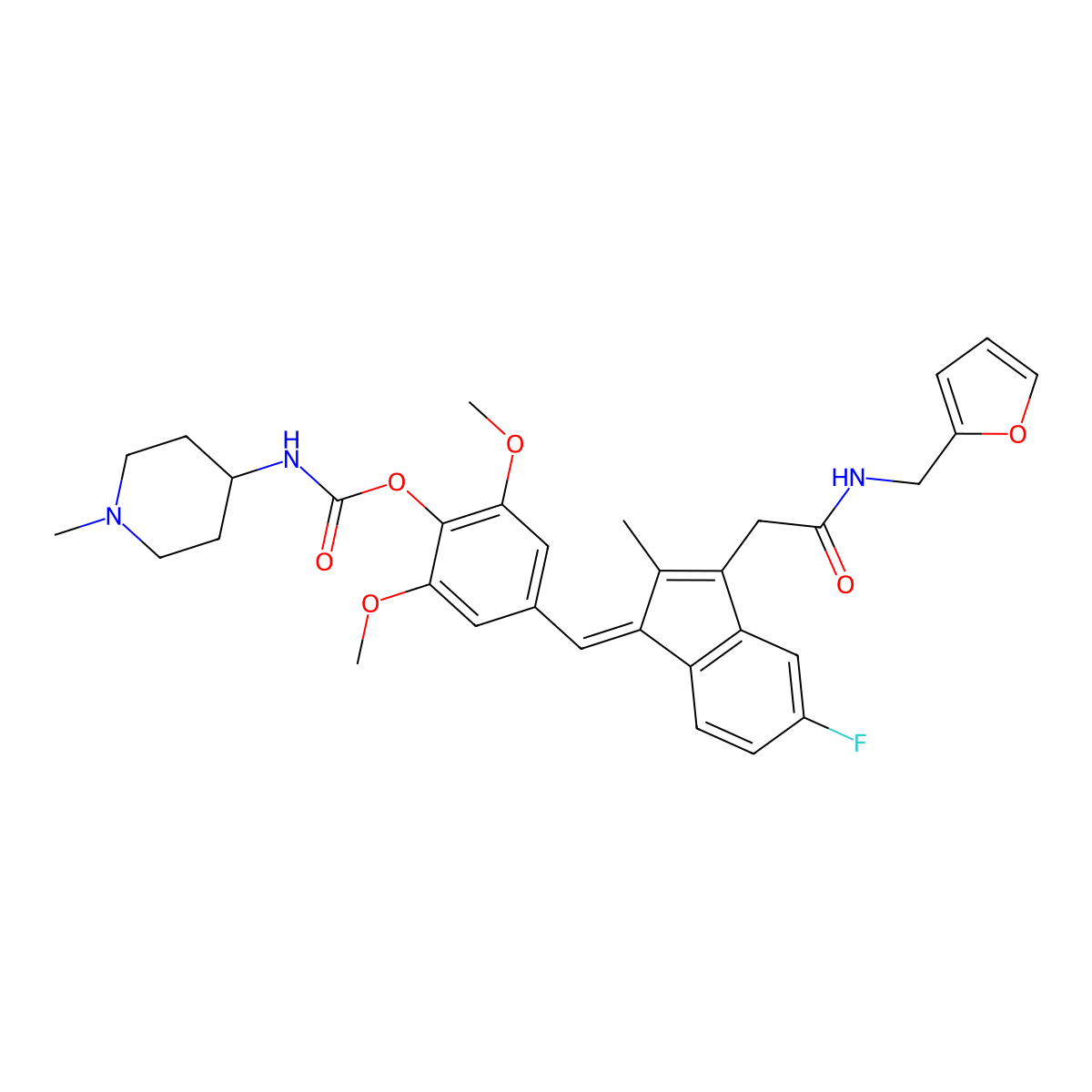 [4-[(Z)-[5-fluoro-3-[2-(furan-2-ylmethylamino)-2-oxoethyl]-2-methylinden-1-ylidene]methyl]-2,6-dimethoxyphenyl] N-(1-methylpiperidin-4-yl)carbamate molecular structure, CAS 1945941-72-9
