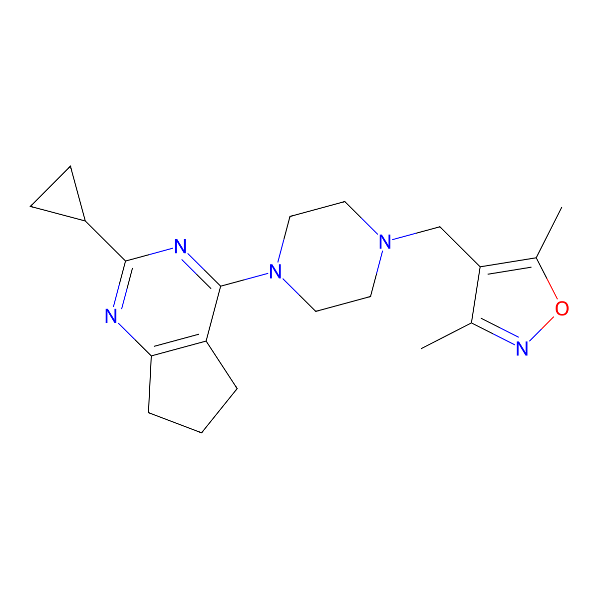 1-{2-cyclopropyl-5H,6H,7H-cyclopenta[d]pyrimidin-4-yl}-4-[(3,5-dimethyl-1,2-oxazol-4-yl)methyl]piperazine molecular structure, CAS 1946170-87-1