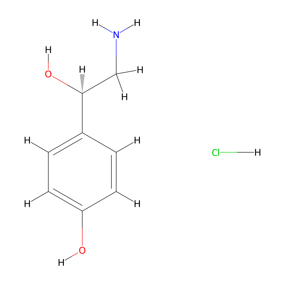 Octopamine hydrochloride, (-)- molecular structure, CAS 19462-08-9