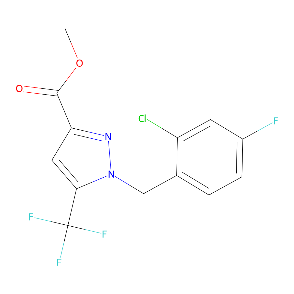 Methyl 1-(2-chloro-4-fluorobenzyl)-5-(trifluoromethyl)-1H-pyrazole-3-carboxylate molecular structure, CAS 1946817-27-1