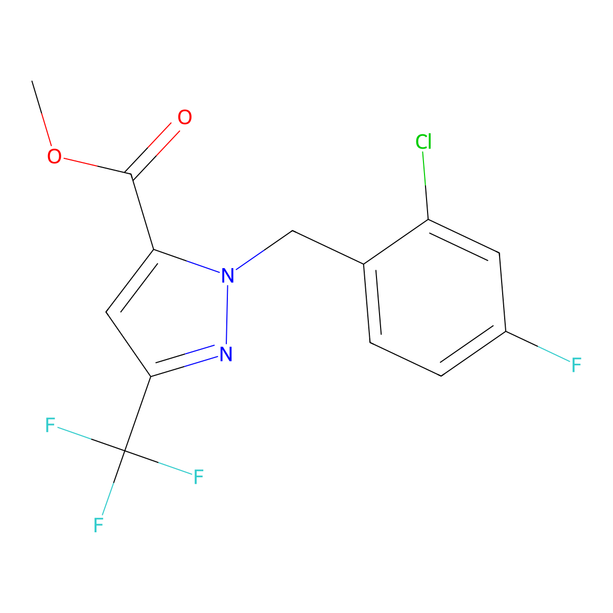 Methyl 1-(2-chloro-4-fluorobenzyl)-3-(trifluoromethyl)-1H-pyrazole-5-carboxylate molecular structure, CAS 1946817-79-3