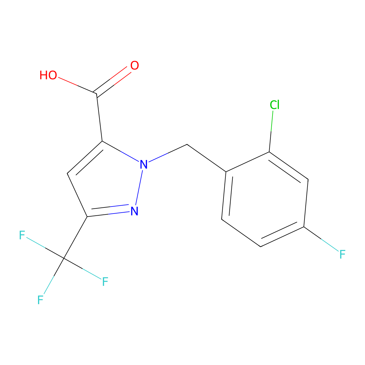 1-(2-Chloro-4-fluorobenzyl)-3-(trifluoromethyl)-1H-pyrazole-5-carboxylic acid molecular structure, CAS 1946828-26-7