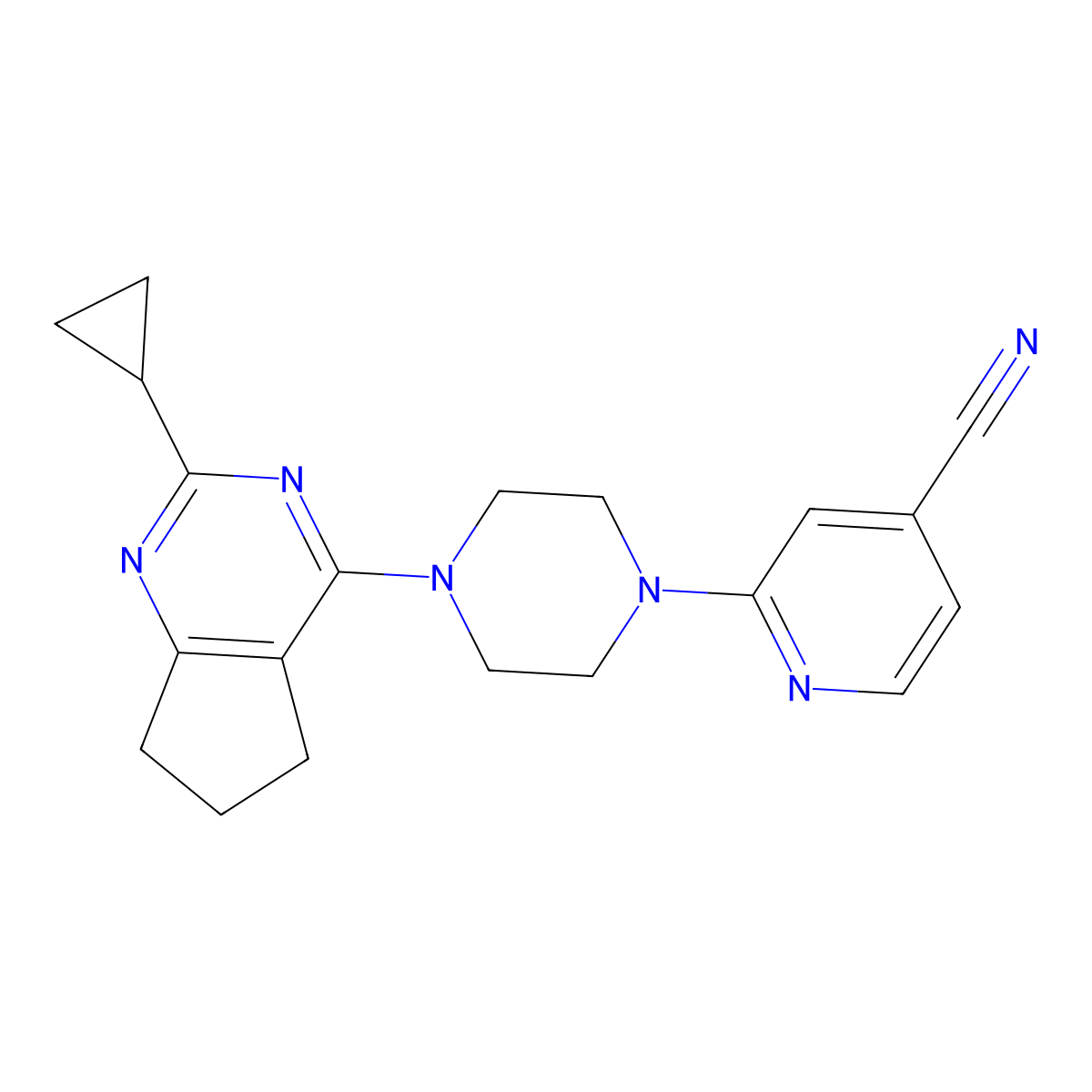 2-(4-{2-cyclopropyl-5H,6H,7H-cyclopenta[d]pyrimidin-4-yl}piperazin-1-yl)pyridine-4-carbonitrile molecular structure, CAS 1947110-90-8