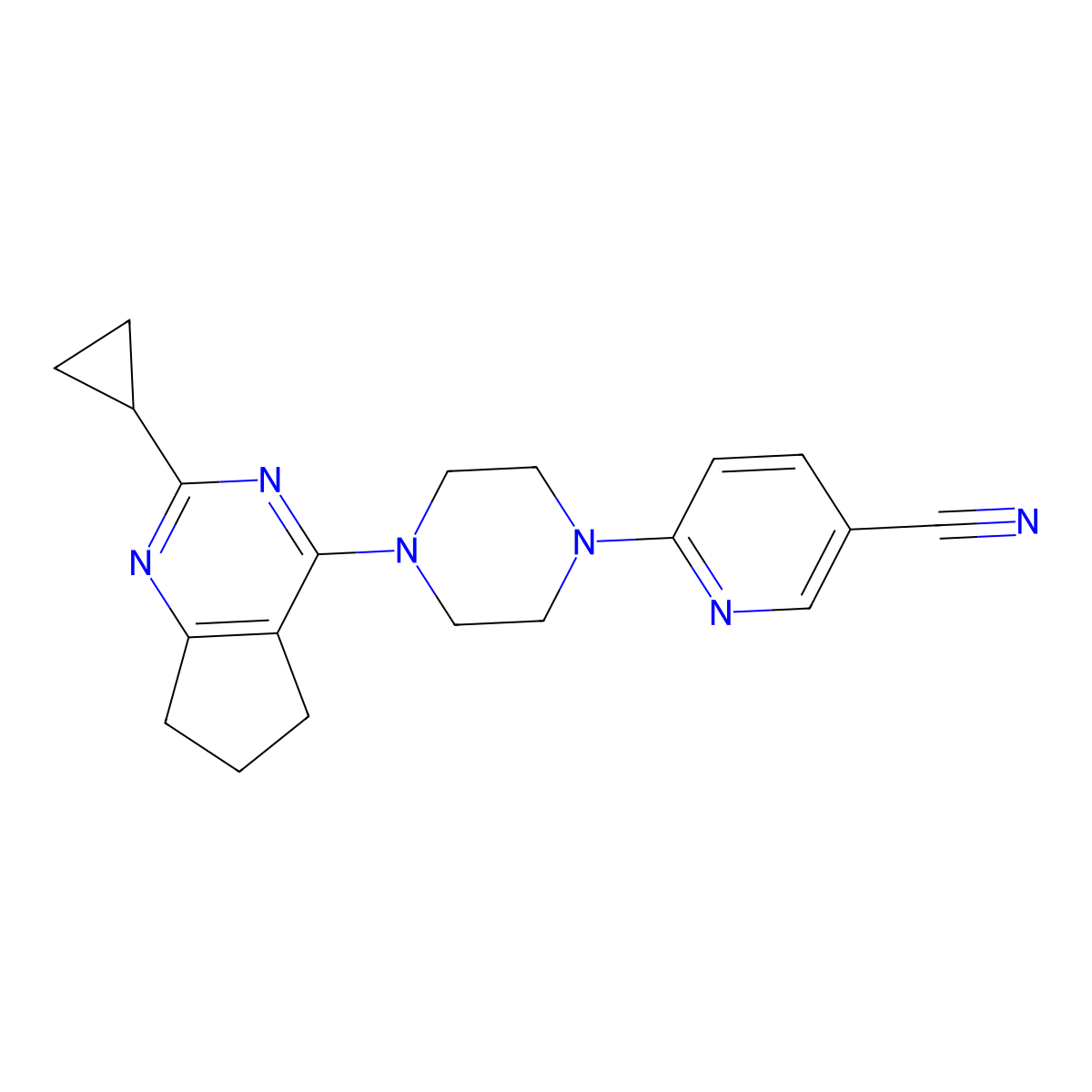 6-(4-{2-cyclopropyl-5H,6H,7H-cyclopenta[d]pyrimidin-4-yl}piperazin-1-yl)pyridine-3-carbonitrile molecular structure, CAS 1947682-73-6