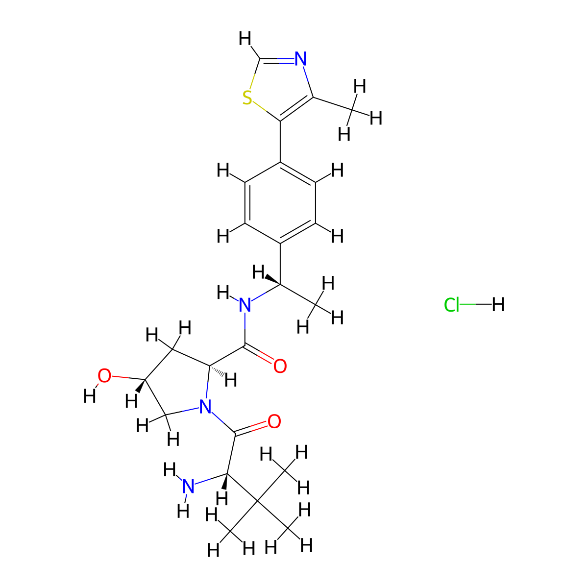 L-Prolinamide, 3-methyl-L-valyl-4-hydroxy-N-((1S)-1-(4-(4-methyl-5-thiazolyl)phenyl)ethyl)-, hydrochloride (1:1), (4R)- molecular structure, CAS 1948273-03-7