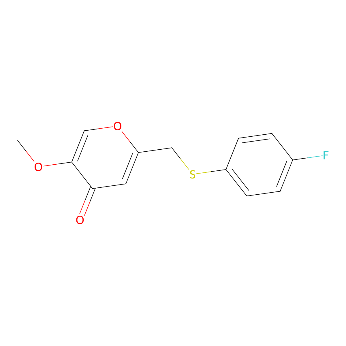 2-(((4-fluorophenyl)thio)methyl)-5-methoxy-4H-pyran-4-one molecular structure, CAS 1949816-49-2