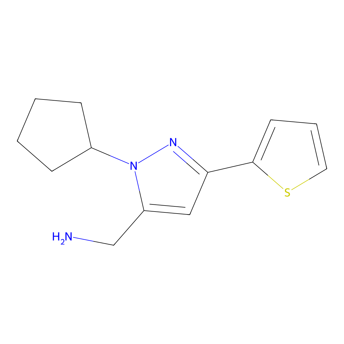 (1-cyclopentyl-3-(thiophen-2-yl)-1H-pyrazol-5-yl)methanamine molecular structure, CAS 1949836-74-1