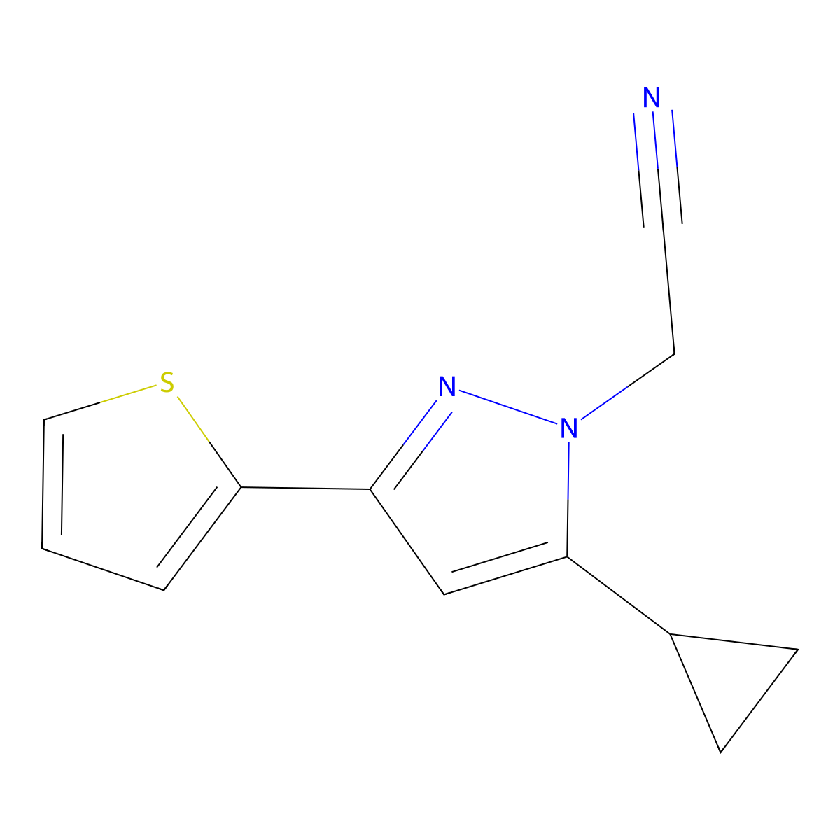 2-(5-cyclopropyl-3-(thiophen-2-yl)-1H-pyrazol-1-yl)acetonitrile molecular structure, CAS 1949836-86-5