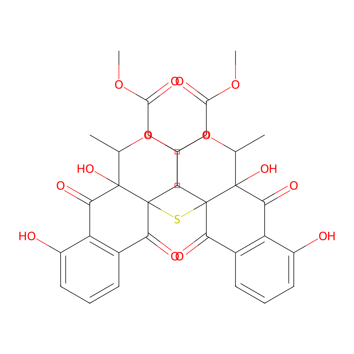 Methyl 2-[4a-[[9,10a-dihydroxy-3-(2-methoxy-2-oxoethyl)-1-methyl-5,10-dioxo-3,4-dihydro-1H-benzo[g]isochromen-4a-yl]sulfanyl]-9,10a-dihydroxy-1-methyl-5,10-dioxo-3,4-dihydro-1H-benzo[g]isochromen-3-yl]acetate molecular structure, CAS 195051-22-0