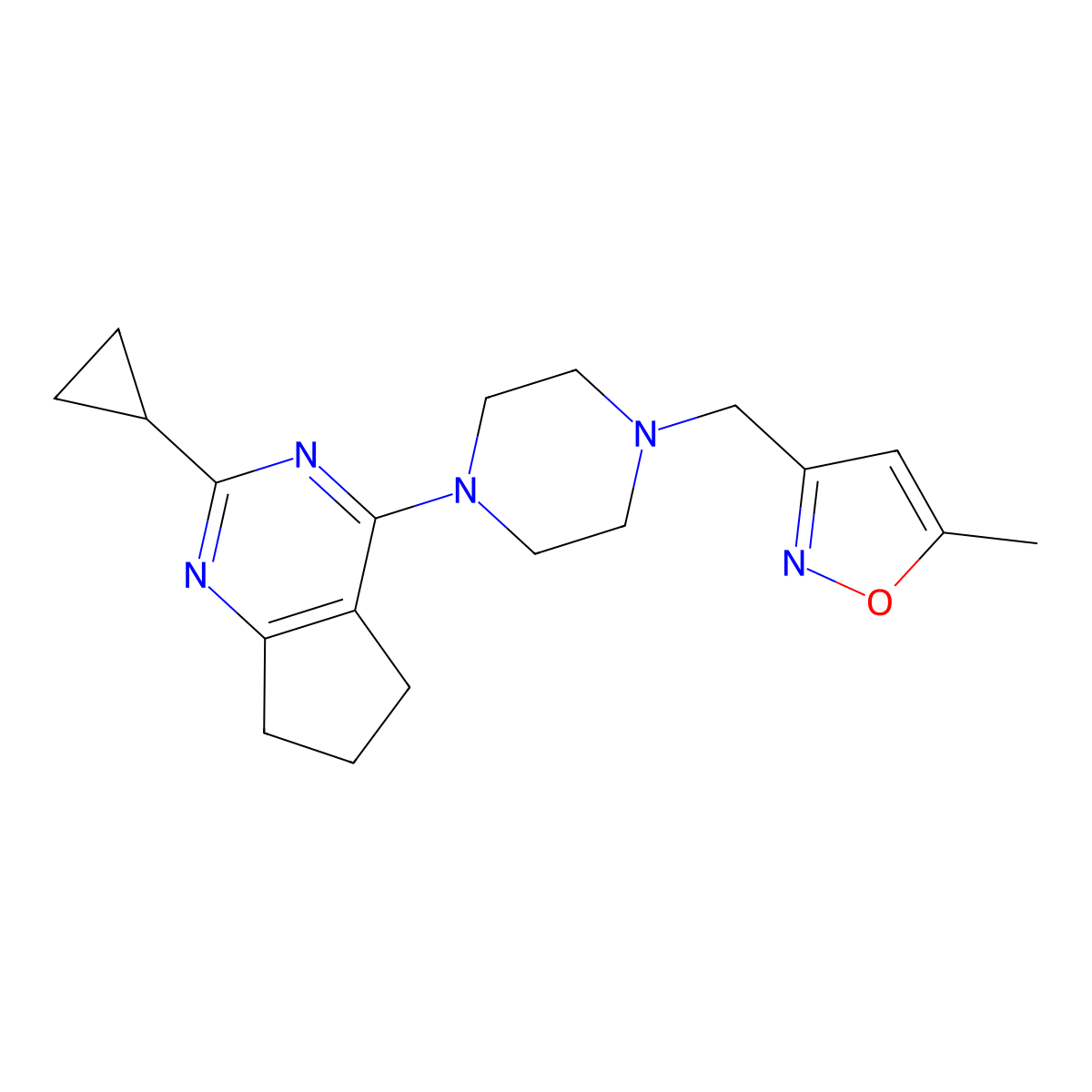 1-{2-cyclopropyl-5H,6H,7H-cyclopenta[d]pyrimidin-4-yl}-4-[(5-methyl-1,2-oxazol-3-yl)methyl]piperazine molecular structure, CAS 1951088-73-5