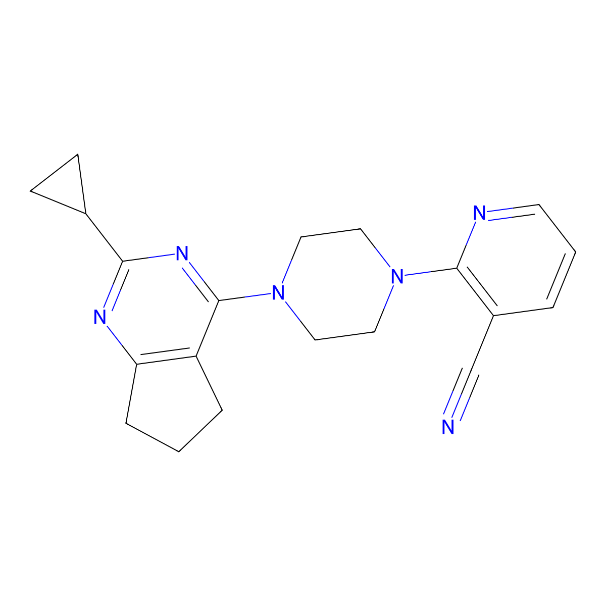 2-(4-{2-cyclopropyl-5H,6H,7H-cyclopenta[d]pyrimidin-4-yl}piperazin-1-yl)pyridine-3-carbonitrile molecular structure, CAS 1951335-39-9