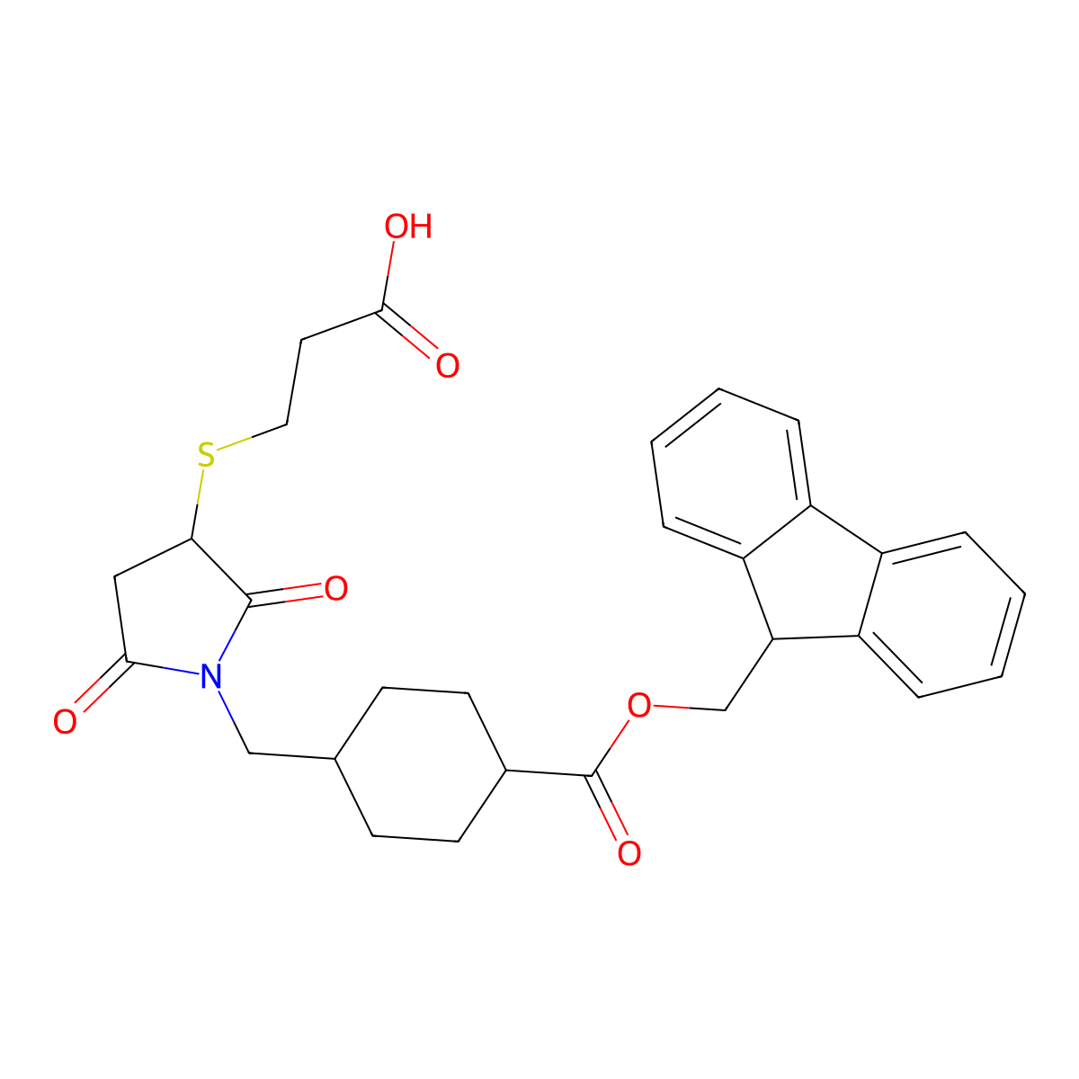trans-3-((1-((-4-Fmoc-Cyclohexyl)methyl)-2,5-dioxopyrrolidin-3-yl)thio)propanoic acid molecular structure, CAS 1951435-87-2