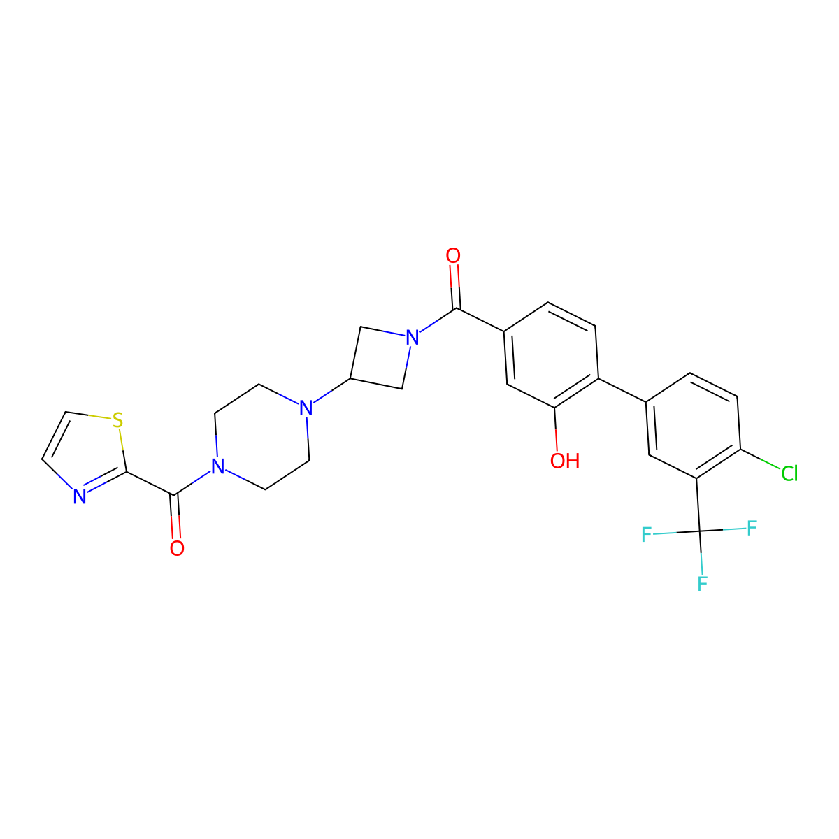 (4-(1-(4'-Chloro-2-hydroxy-3'-(trifluoromethyl)-[1,1'-biphenyl]-4-carbonyl)azetidin-3-yl)piperazin-1-yl)(thiazol-2-yl)methanone molecular structure, CAS 1951451-81-2