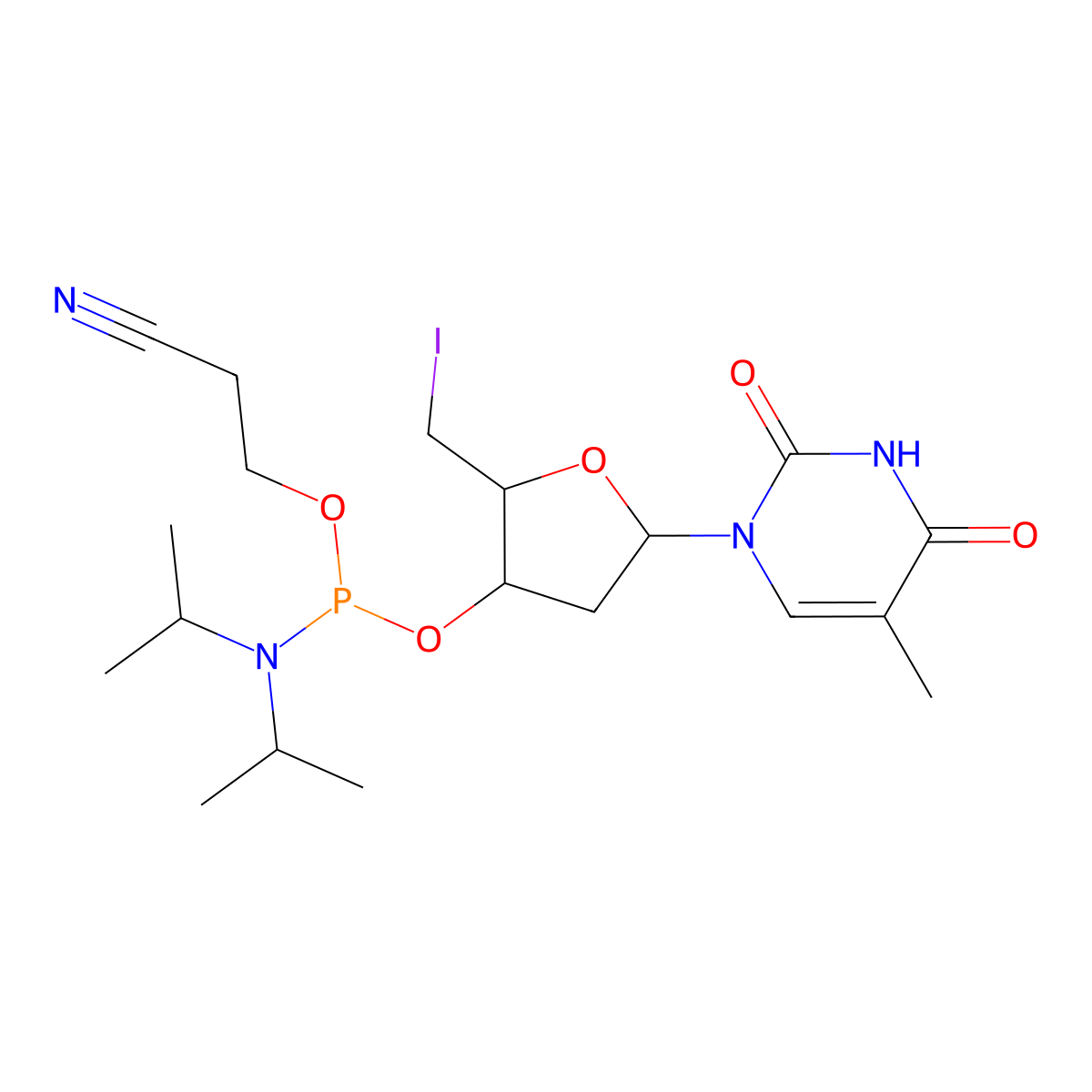 5'-Iodo-2',5'-dideoxy-thymidine 3'-CE phosphoramidite molecular structure, CAS 195207-78-4