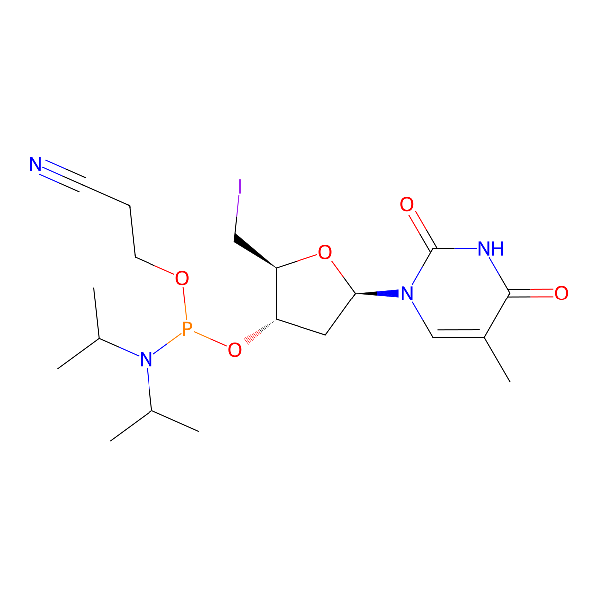 5'-Iodo-2',5'-dideoxy-thymidine 3'-CE phosphoramidite molecular structure, CAS 195207-78-4