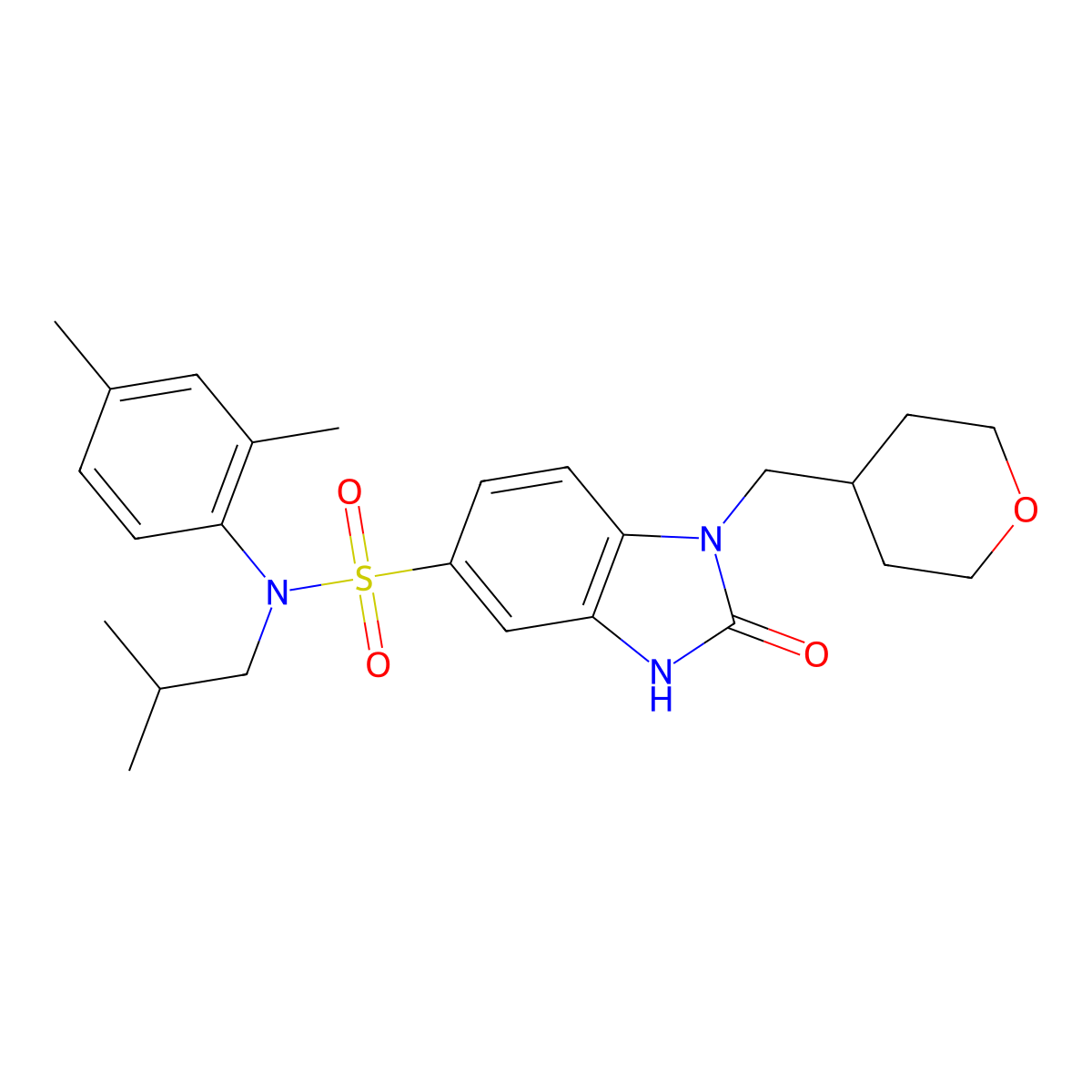 N-(2,4-dimethylphenyl)-N-(2-methylpropyl)-1-(oxan-4-ylmethyl)-2-oxo-3H-benzimidazole-5-sulfonamide molecular structure, CAS 1952239-59-6