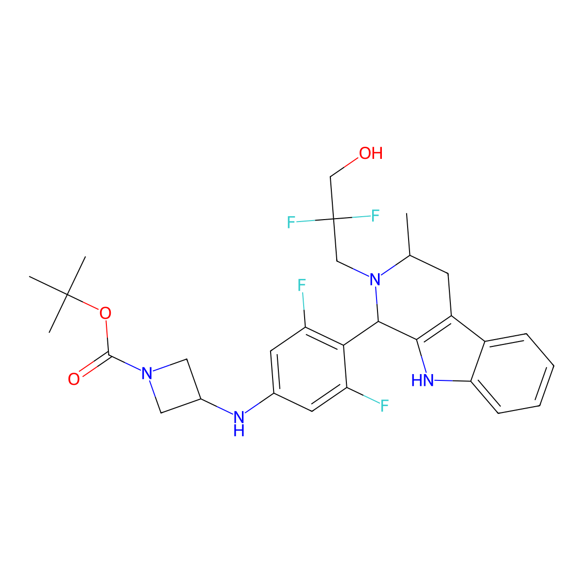 tert-Butyl 3-((4-((1R,3R)-2-(2,2-difluoro-3-hydroxypropyl)-3-methyl-2,3,4,9-tetrahydro-1H-pyrido[3,4-b]indol-1-yl)-3,5-difluorophenyl)amino)azetidine-1-carboxylate molecular structure, CAS 1953133-49-7