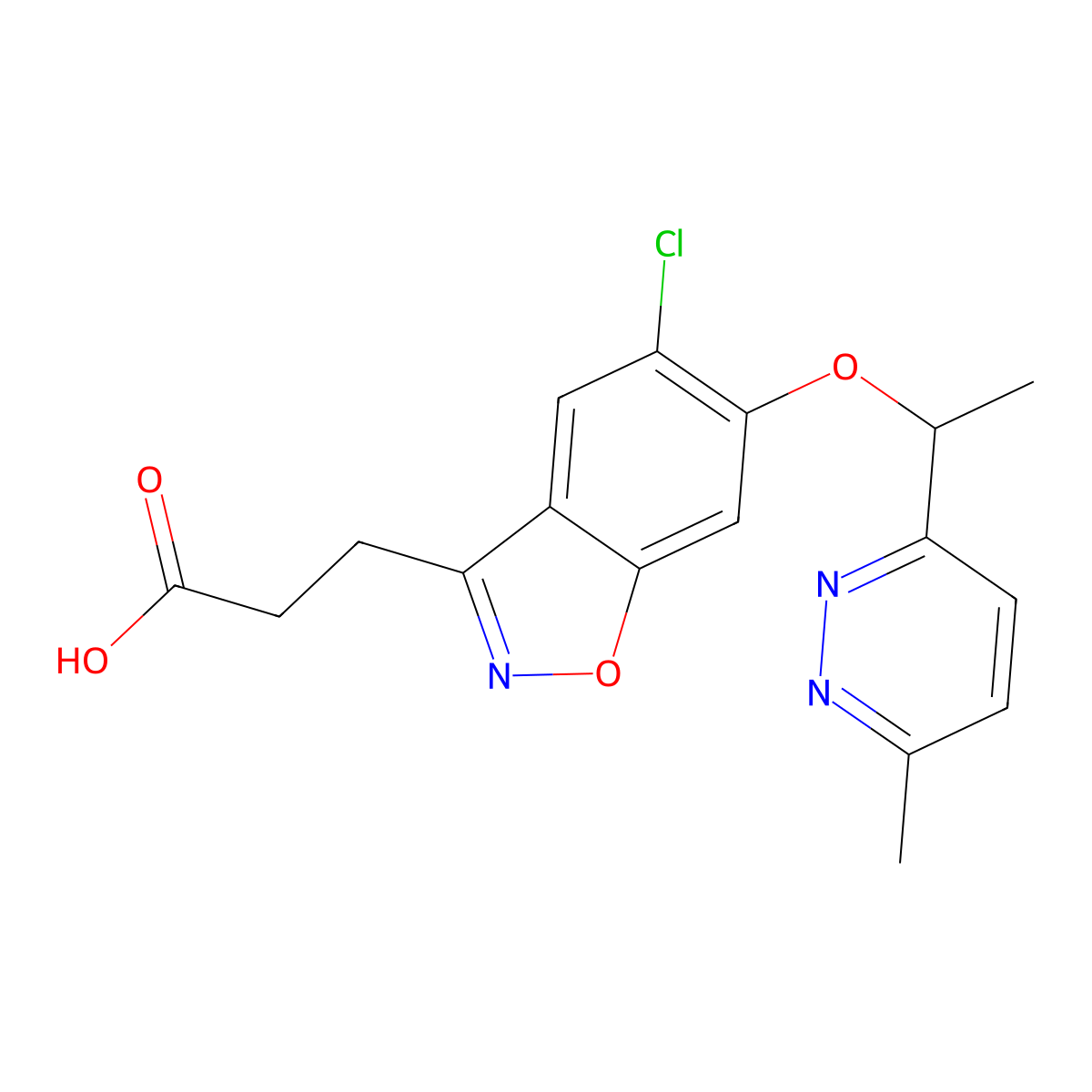 3-[5-Chloranyl-6-[(1~{r})-1-(6-Methylpyridazin-3-Yl)ethoxy]-1,2-Benzoxazol-3-Yl]propanoic Acid molecular structure, CAS 1953157-39-5