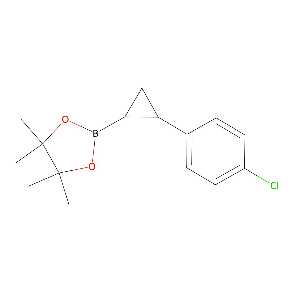 rac-2-[(1R,2R)-2-(4-chlorophenyl)cyclopropyl]-4,4,5,5-tetramethyl-1,3,2-dioxaborolane,trans molecular structure, CAS 1953178-18-1