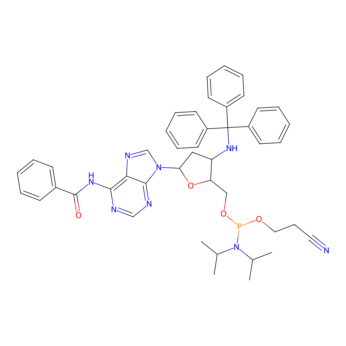 ((2S,3S,5R)-5-(6-Benzamido-9H-purin-9-yl)-3-(tritylamino)tetrahydrofuran-2-yl)methyl (2-cyanoethyl) diisopropylphosphoramidite molecular structure, CAS 195375-64-5
