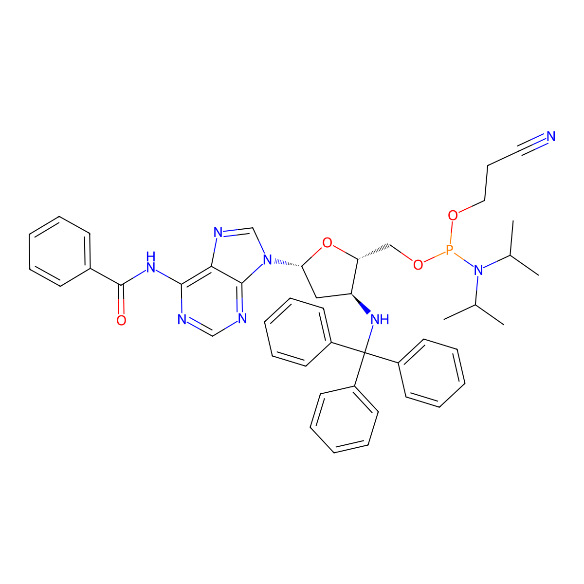 ((2S,3S,5R)-5-(6-Benzamido-9H-purin-9-yl)-3-(tritylamino)tetrahydrofuran-2-yl)methyl (2-cyanoethyl) diisopropylphosphoramidite molecular structure, CAS 195375-64-5