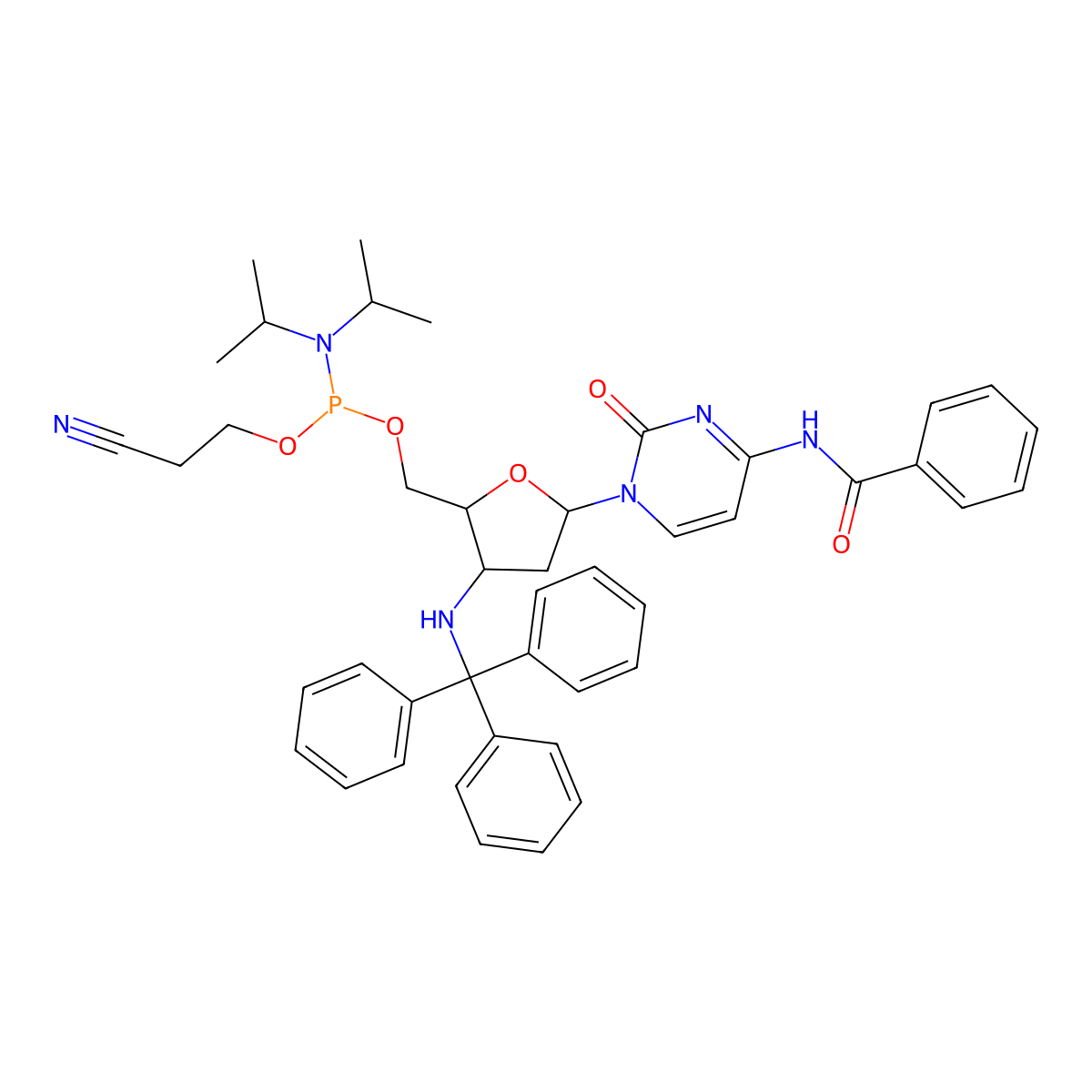 ((2S,3S,5R)-5-(4-Benzamido-2-oxopyrimidin-1(2H)-yl)-3-(tritylamino)tetrahydrofuran-2-yl)methyl (2-cyanoethyl) diisopropylphosphoramidite molecular structure, CAS 195375-65-6