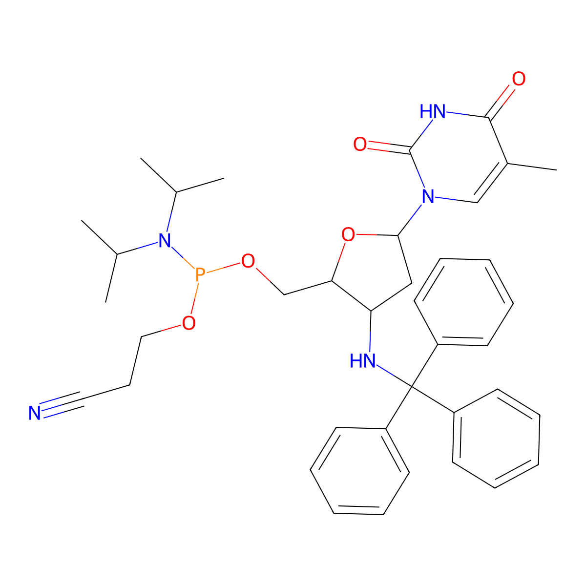 3-[[di(propan-2-yl)amino]-[[(2S,3S,5R)-5-(5-methyl-2,4-dioxopyrimidin-1-yl)-3-(tritylamino)oxolan-2-yl]methoxy]phosphanyl]oxypropanenitrile molecular structure, CAS 195375-68-9