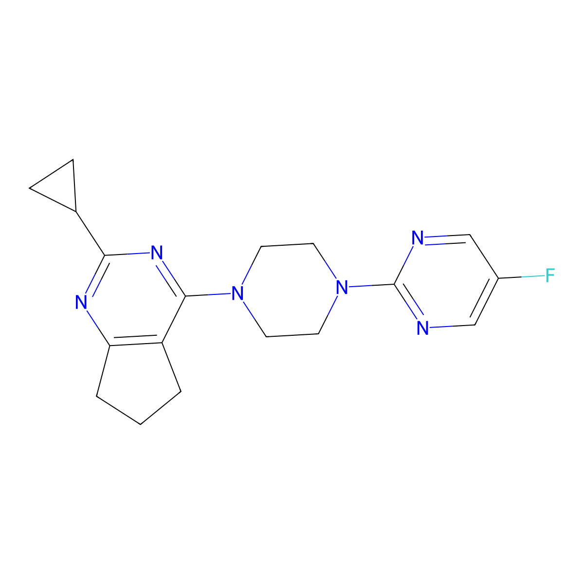 2-(4-{2-cyclopropyl-5H,6H,7H-cyclopenta[d]pyrimidin-4-yl}piperazin-1-yl)-5-fluoropyrimidine molecular structure, CAS 1954398-03-8