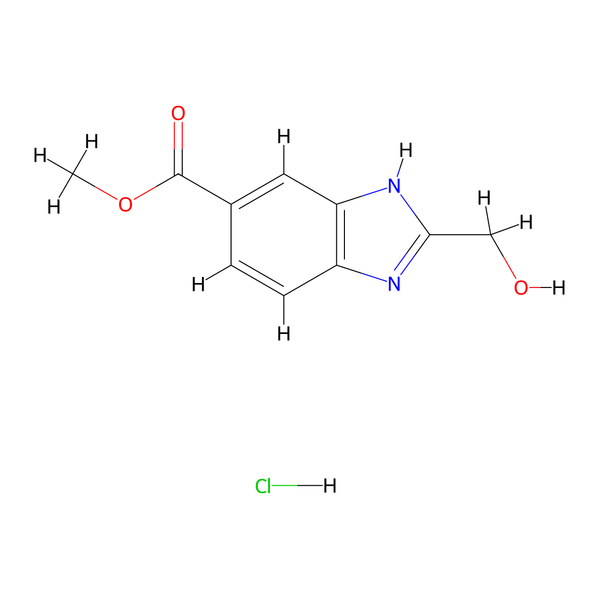 methyl 2-(hydroxymethyl)-1H-1,3-benzodiazole-5-carboxylate hydrochloride molecular structure, CAS 1955498-23-3