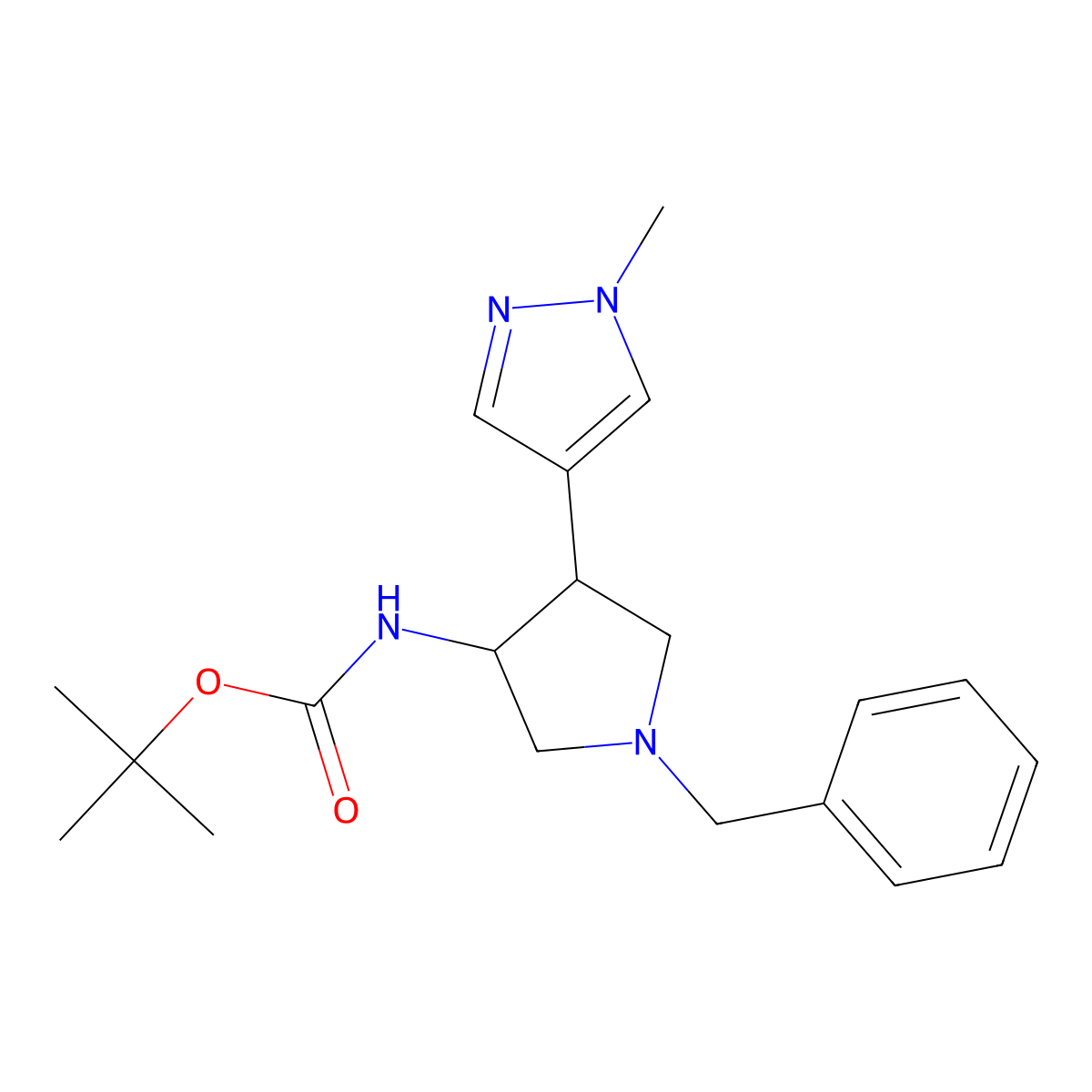 tert-butyl N-[1-benzyl-4-(1-methyl-1H-pyrazol-4-yl)pyrrolidin-3-yl]carbamate molecular structure, CAS 1955499-02-1