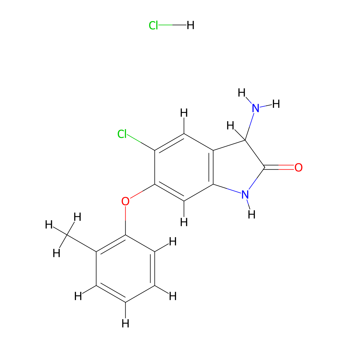 3-amino-5-chloro-6-(2-methylphenoxy)-2,3-dihydro-1H-indol-2-one hydrochloride molecular structure, CAS 1955505-60-8