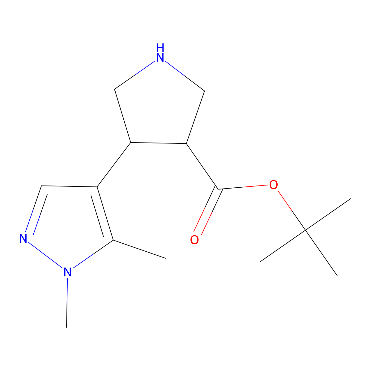 rac-tert-butyl (3R,4S)-4-(1,5-dimethyl-1H-pyrazol-4-yl)pyrrolidine-3-carboxylate molecular structure, CAS 1955506-64-5
