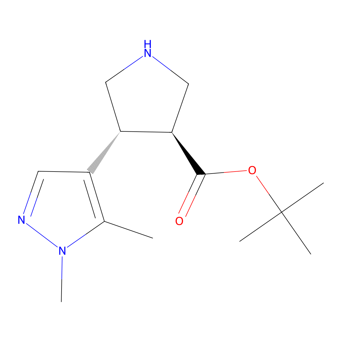 rac-tert-butyl (3R,4S)-4-(1,5-dimethyl-1H-pyrazol-4-yl)pyrrolidine-3-carboxylate molecular structure, CAS 1955506-64-5