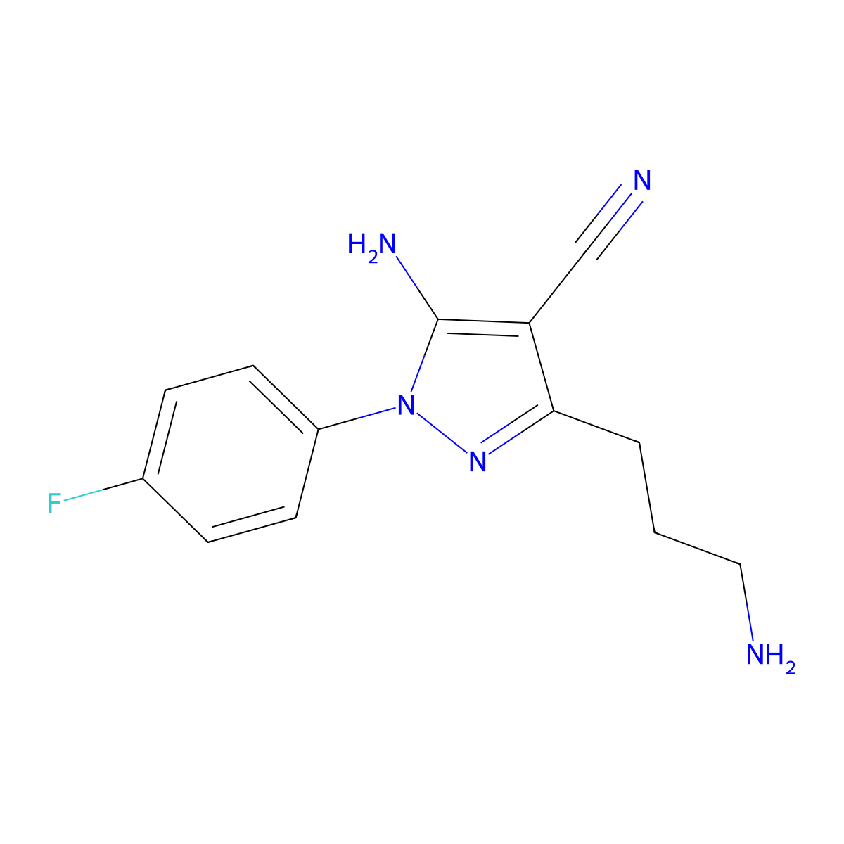 5-(3-Aminopropyl)-2-(4-fluorophenyl)-3-imino-2,3-dihydro-1H-pyrazole-4-carbonitrile molecular structure, CAS 1955506-76-9