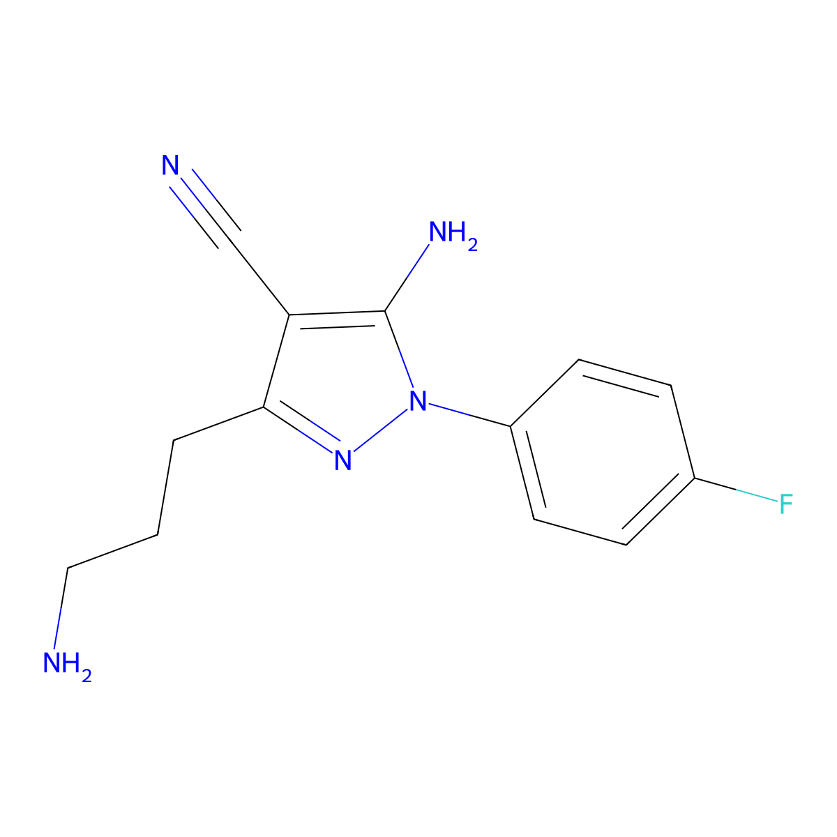 5-(3-Aminopropyl)-2-(4-fluorophenyl)-3-imino-2,3-dihydro-1H-pyrazole-4-carbonitrile molecular structure, CAS 1955506-76-9