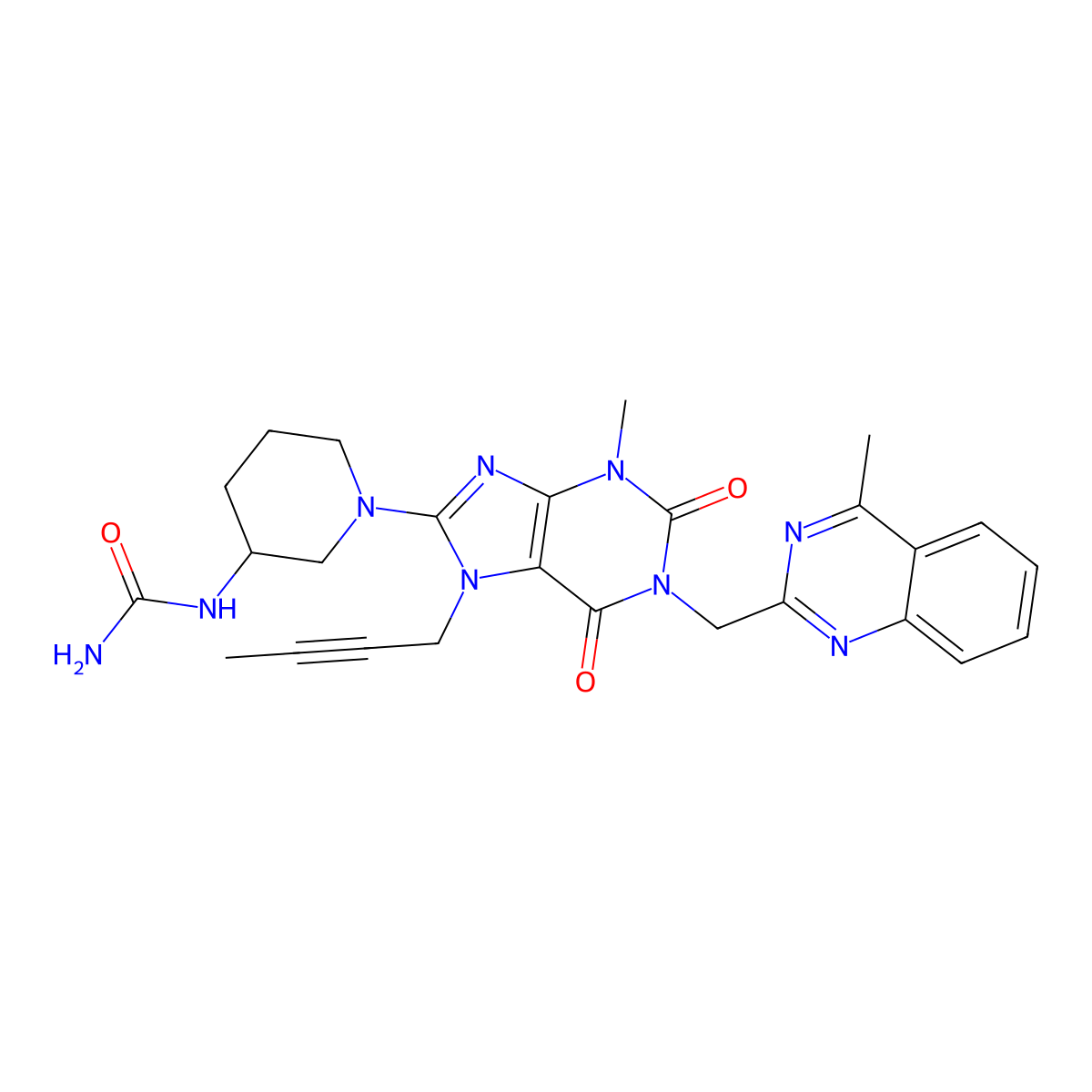 {1-[7-(but-2-yn-1-yl)-3-methyl-1-[(4-methylquinazolin-2-yl)methyl]-2,6-dioxo-2,3,6,7-tetrahydro-1H-purin-8-yl]piperidin-3-yl}urea molecular structure, CAS 1955514-80-3