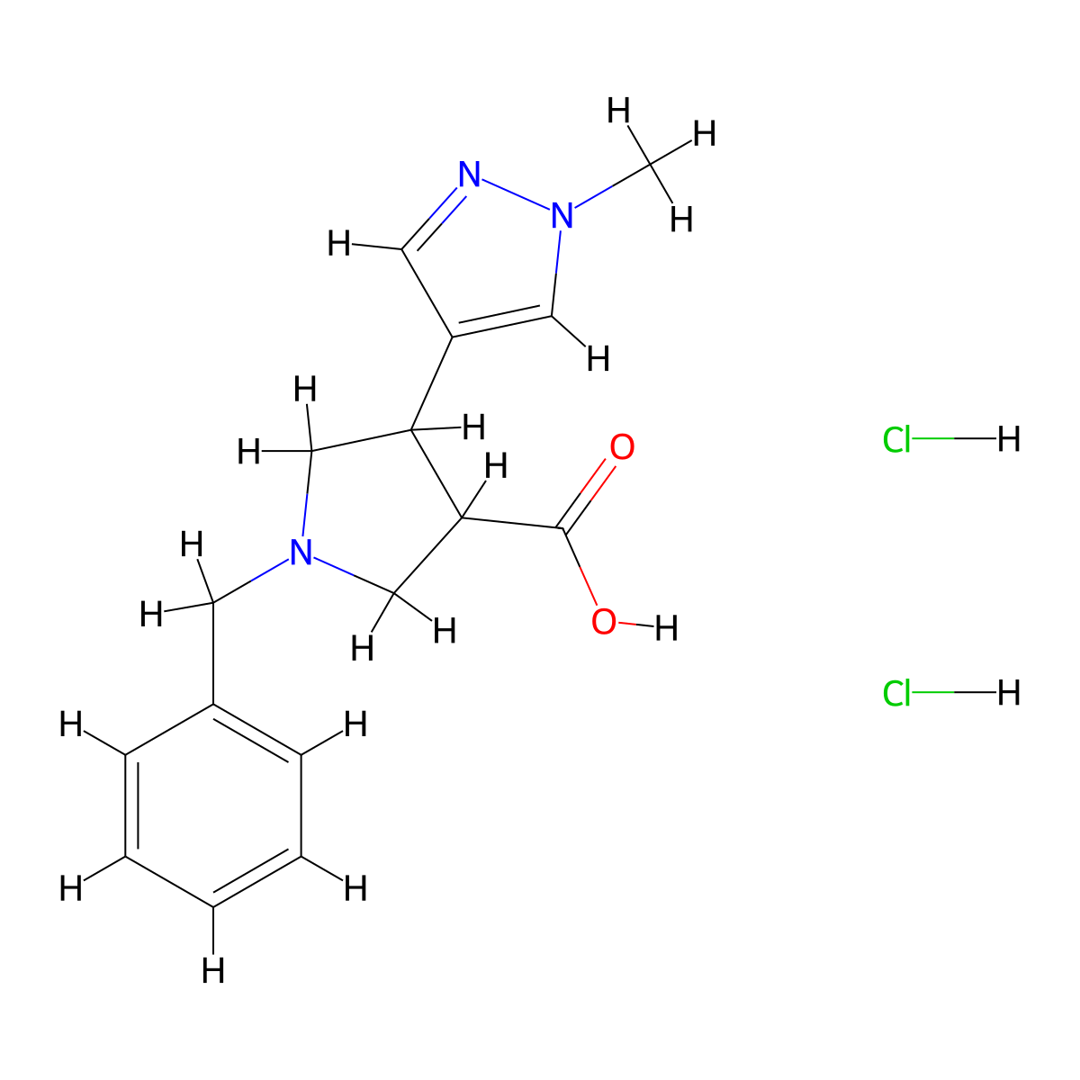 1-benzyl-4-(1-methyl-1H-pyrazol-4-yl)pyrrolidine-3-carboxylic acid dihydrochloride molecular structure, CAS 1955519-90-0