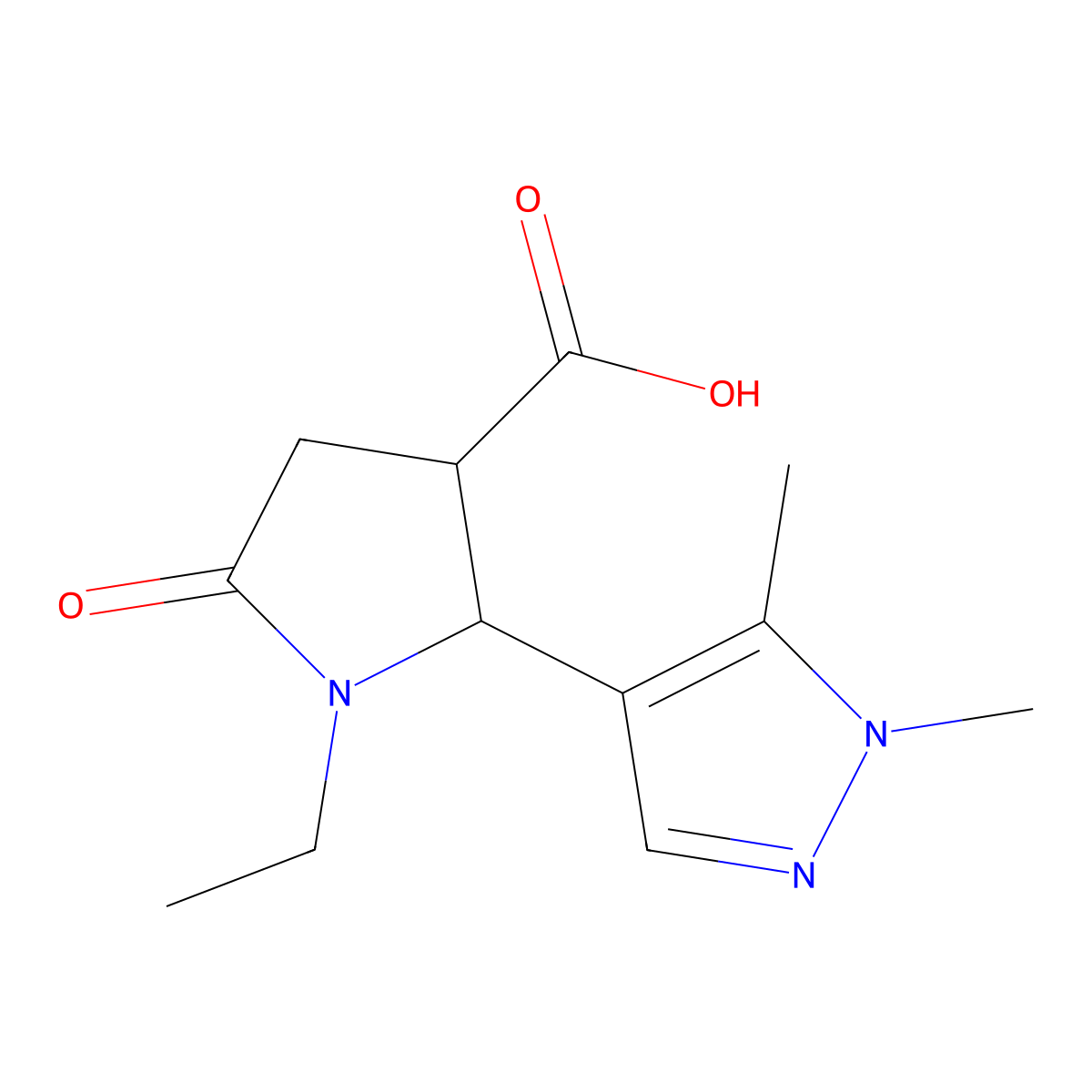 rac-(2R,3R)-2-(1,5-dimethyl-1H-pyrazol-4-yl)-1-ethyl-5-oxopyrrolidine-3-carboxylic acid molecular structure, CAS 1955531-71-1