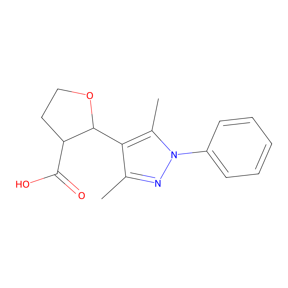 2-(3,5-dimethyl-1-phenyl-1H-pyrazol-4-yl)oxolane-3-carboxylic acid molecular structure, CAS 1955539-86-2