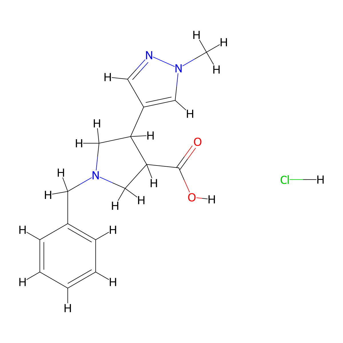 1-benzyl-4-(1-methyl-1H-pyrazol-4-yl)pyrrolidine-3-carboxylic acid hydrochloride molecular structure, CAS 1955540-24-5