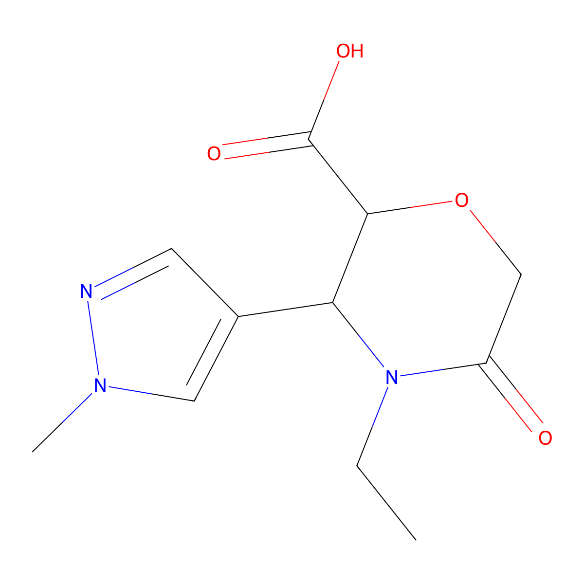 rac-(2R,3S)-4-ethyl-3-(1-methyl-1H-pyrazol-4-yl)-5-oxomorpholine-2-carboxylic acid molecular structure, CAS 1955541-41-9
